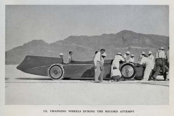 Changing the wheels of 'Bluebird' during Malcolm Campbell’s 1935 land speed record attempt